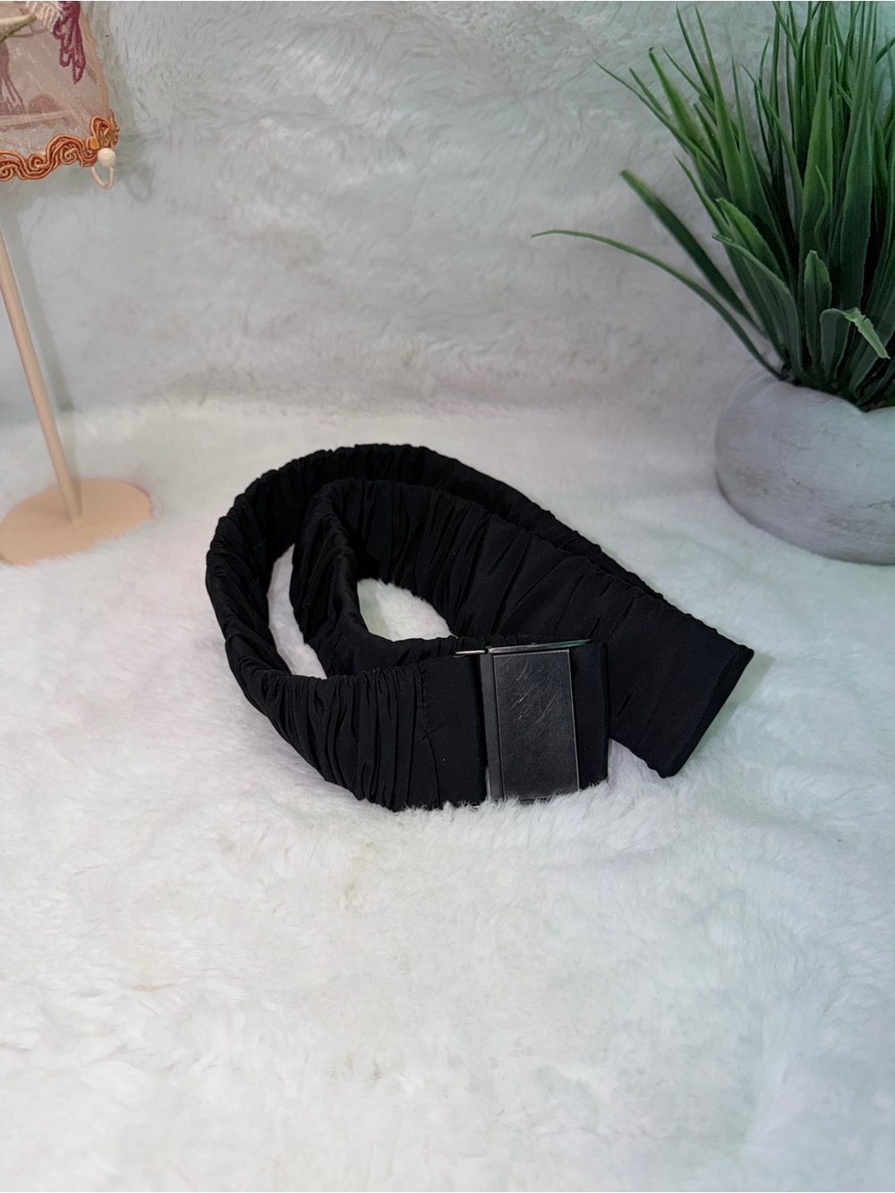 Black Elastic Ruched with Metal Buckle 33 Waist Ladies Stretchable Belt 🌎